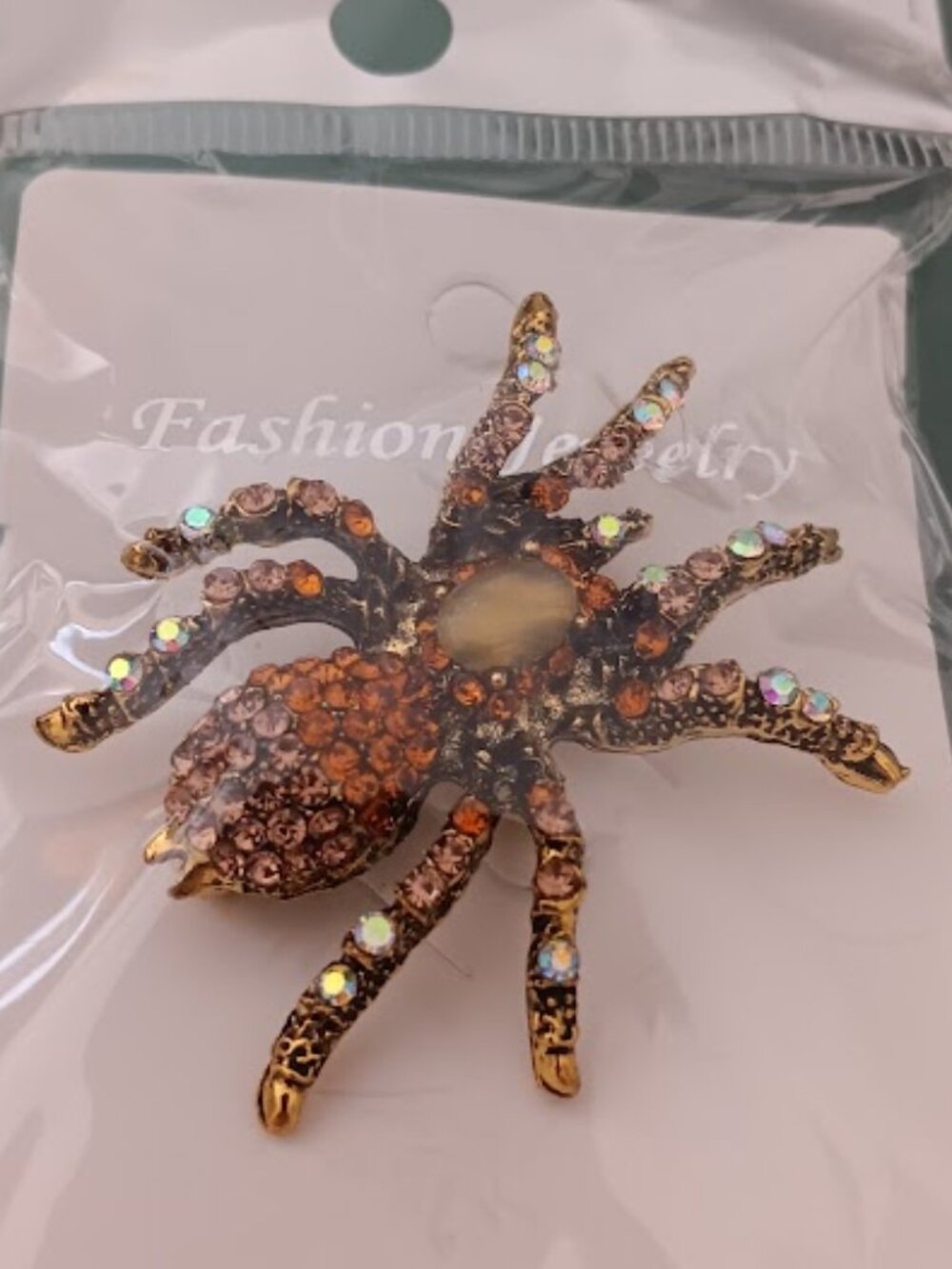 DESIGNER Goth Spider Gold Orange/Iridescent/Pink Crystal Brooch Pendant**NEW!